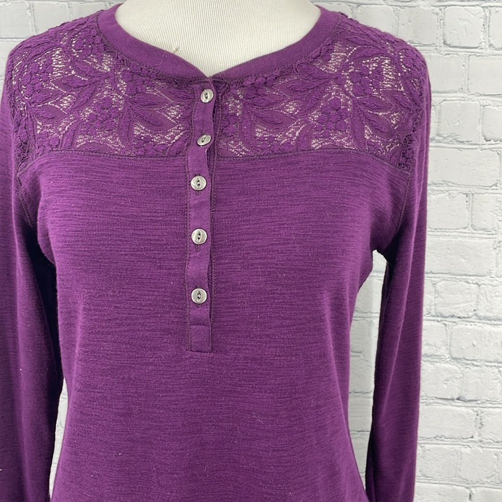 Chaps Purple Long Sleeve Crochet MP Petite Buttoned Top